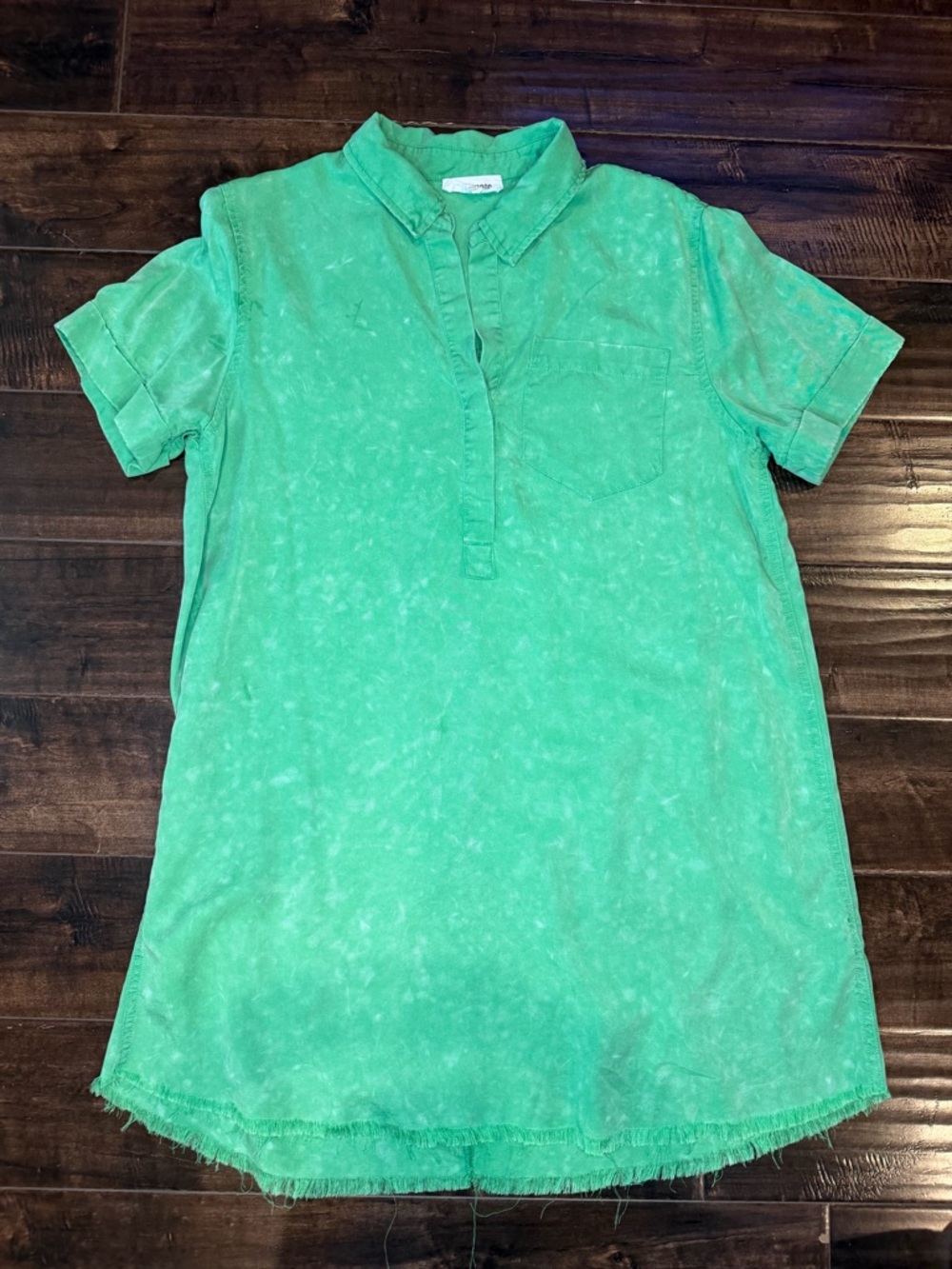 Day + Moon Tencel Mini Shirt Dress Medium Green Acid Wash Raw Hem Distressed